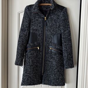 Via Spiga Black & White Tweed Zip-Front Coat